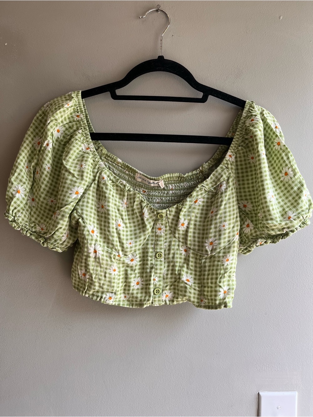 Green Gingham Puff-Sleeve Crop Top with Daisy Print Medium